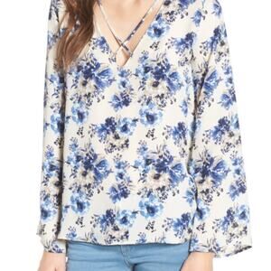 Lush Floral Bell Sleeve Blue/Cream Criss-Cross Neck Top
